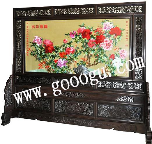 葛洲壩水利工程大廳屏風(fēng)：蘇繡屏風(fēng)，嬌古蘇繡，榮華富貴屏風(fēng)
