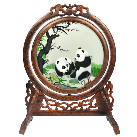熊貓雙面繡臺(tái)屏，蘇繡雙面繡，雙面繡銷(xiāo)量第一臺(tái)屏